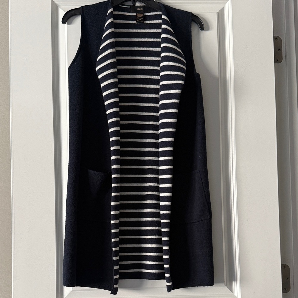 Elegant Navy and White Striped Cardigan Vest